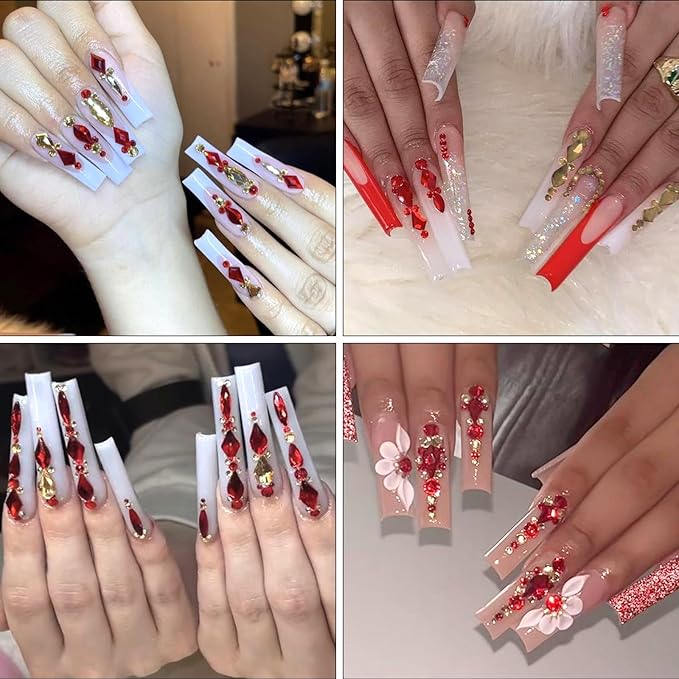HNUIX Nail Rhinestones for Nails - 3D Multi Shapes, Flat Back, Small Nail Gems, Champagne Gold & Red Nail Diamonds, with Kit, for Nail Art, DIY Decor