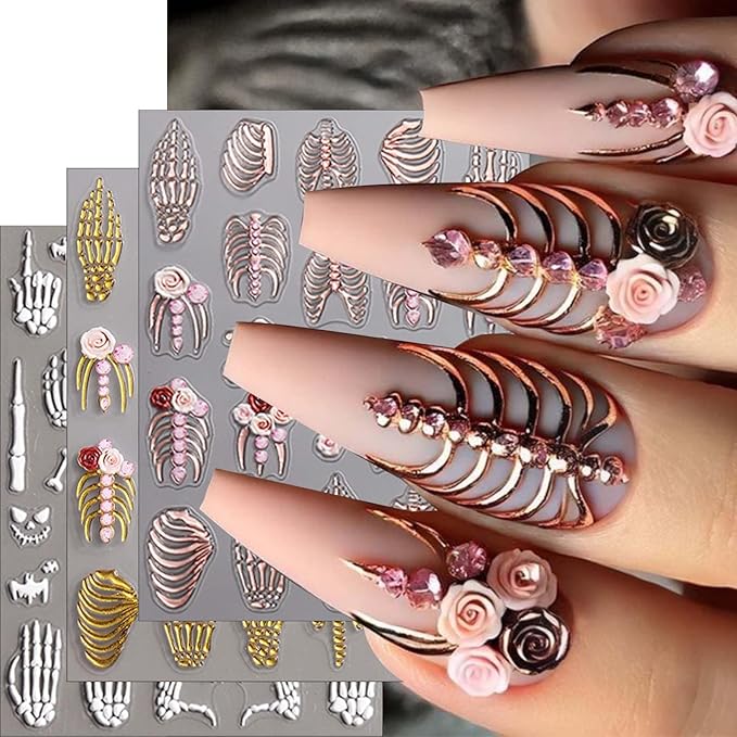 ONPRESS 6Sheet Halloween Nail Stickers 5D Embossed Skeleton Skull Nail Art Stickers Pink Hand Bone Rose Flower Nail Decals Self-Adhesive Gothic Scary Gold Nail Decor Manicure Accessories for Holiday
