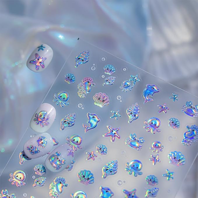 Summer Nail Art Stickers 5D Jelly Embossed Conch Shell Nail Decals Cute Jellyfish Crab Dolphin Starfish Nail Stickers Blue Ocean Animal Nail Supplies for Women Manicure Decoration 1 Sheets