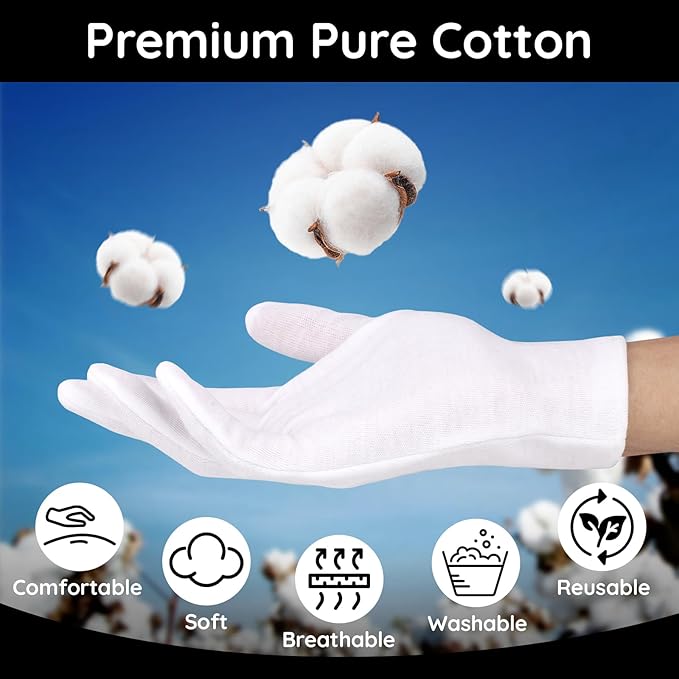 Segbeauty 12 Counts Extra Large Moisturizing Gloves Overnight, Thickened White Cotton Gloves for Dry Hand SPA, 6 Pairs Larger Overnight Lotion Sleep Gloves Women and Men, Washable Hand Gloves for Work