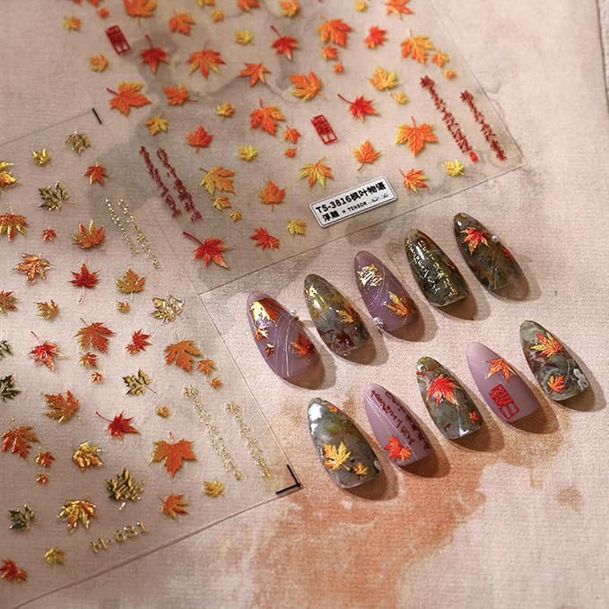 Maple Leaf Nail Art Stickers Fall Nail Stickers 5D Embossed Nail Decals 1PCS Falling Leaves Autumn Nails Design Nail Art Supplies Fall Sticker for Nails Thanksgiving Day DIY Manicure Nail Decorations