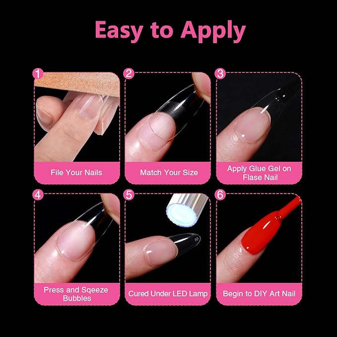 Medium Almond Nail Tips 500PCS, Clear Acrylic Full Cover Gel Press on Nail Tips for DIY, 10 Sizes Pre-Shaped False Nails with Half Matte Finish, Professional Manicure Kit & Easy Application