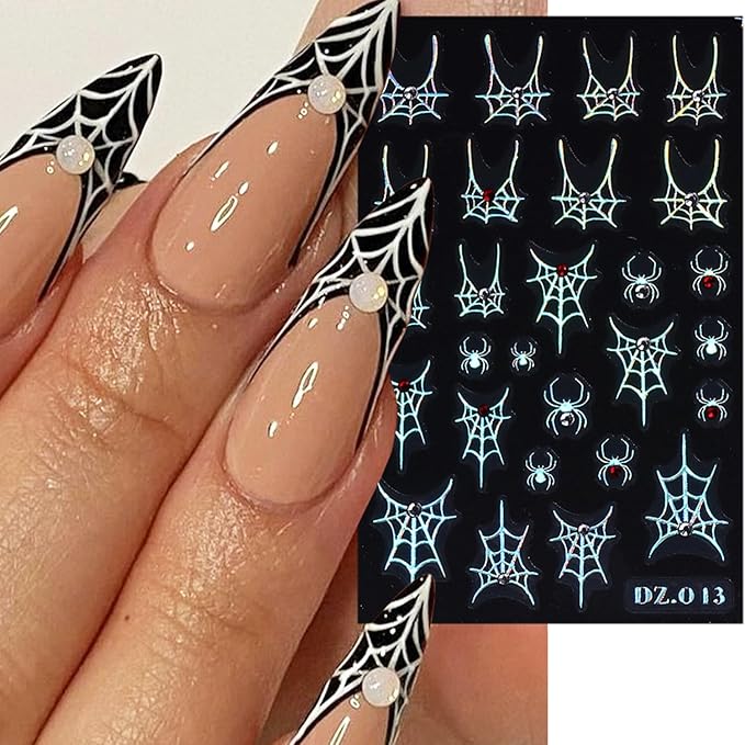3 Sheets Spider Web Nail Stickers for Nail Art Gold Silver Halloween Nail Art Stickers Holographic Laser Spider Nail Decals With Diamond Designs 5D Self-Adhesive Scary Halloween Nail Sticker for Women