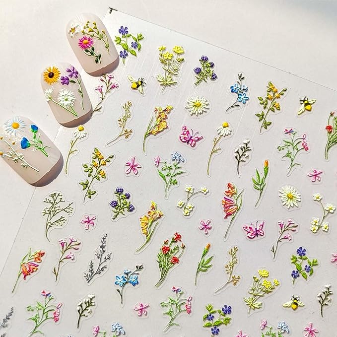 Flower Nail Stickers 5D Embossed Flowers Nail Art Stickers Spring Summer Floral Leaf Plant Nail Decals Self-Adhesive Nails Supply Manicure Sliders for Women Girls Nails Art Decoration