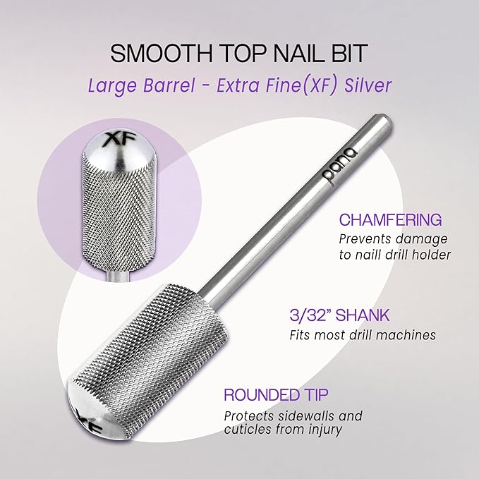 PANA 3/32" Large Smooth Round Top Safety Carbide Nail Drill Bit for Gel Polish & Acrylic Removal Nail Salon Manicure Pedicure Electric File Tools (Large Barrel - Silver, Extra Fine)