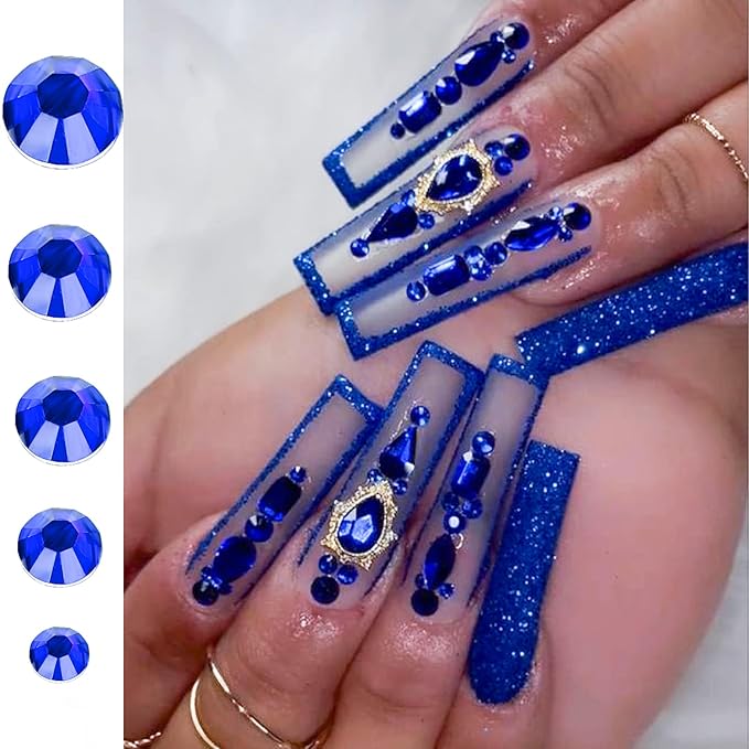 Canvalite 2784PCS Blue Rhinestones Flatback Gems, Nail Rhinestones Nail Art Gems with Glues, Pick Up Tweezers and Rhinestone Picker Dotting Pen, Nail Art Tools for Nails, Clothes, Face, Crafts