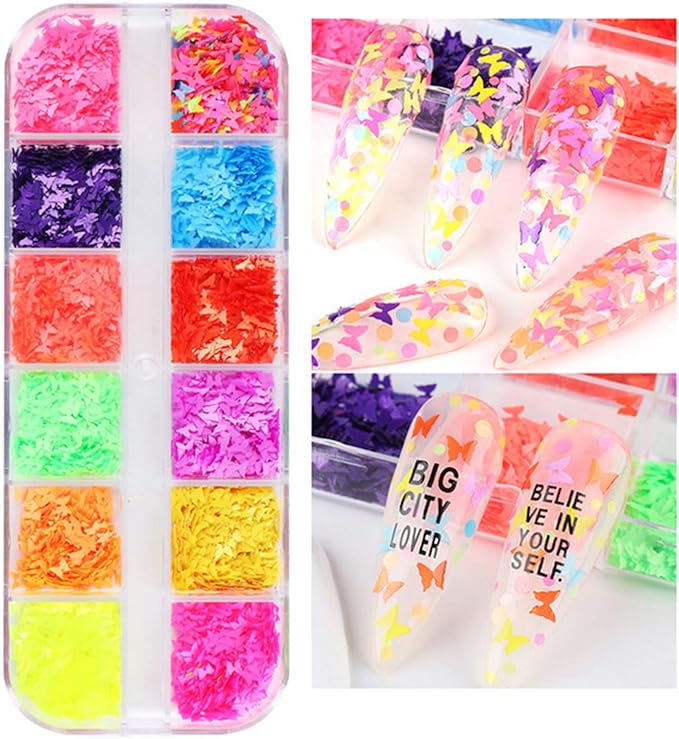 12 Colors 3D Butterfly Nail Sequins Luminous Butterflies Nail Art Design Holographic Butterflies Shape Flakes for Nail Decorations Sparkle Colorful Confetti Glitters Sheets Nails Art Accessories