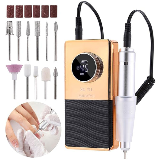 Electric 45000RPM Nail Drill Machine Rechargeable Portable Nail File Electric DIY Nail Drill Kit with Smart LCD Screen for Gel Nail Manicure and Pedicure Reflective Body etc (Yellow)