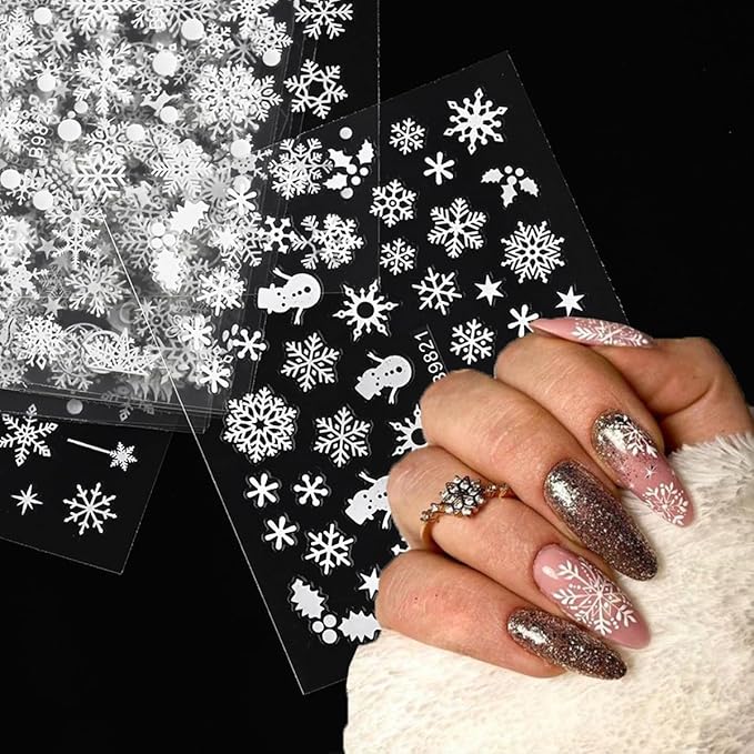 30 Sheets Christmas Snowflakes Nail Art Stickers for Nails Kit White Snowflakes Winter Nail Stickers Snowmen Santa Claus Elk Snow Design Xmas Holiday Nail Art Supplies for Women Girls Manicure