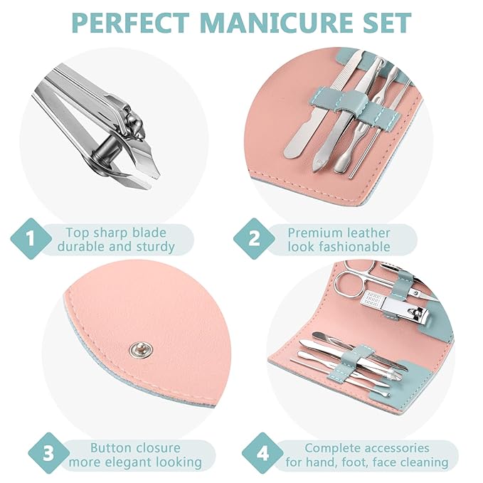 12 Set Manicure Set Bulk Mini Manicure Nail Clipper Kit 7 in 1 Stainless Steel Professional Nail Care Pedicure with Travel Portable Bag Grooming Kits for Christmas Women Men Home(Green)