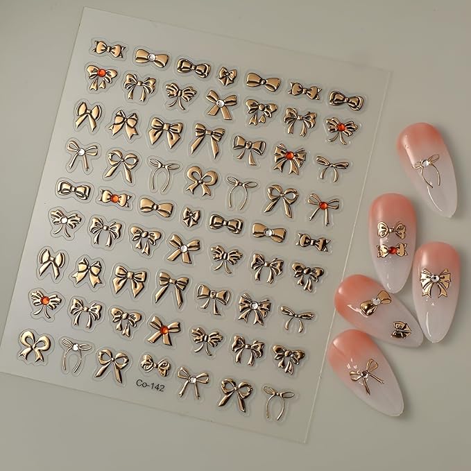 Gold Nail Stickers Gold Bow Nail Stickers for Nail Art 5D Self-Adhesive Nail Decals with Rhinestones Design Bow Nails Art Supplies Decoration Accessories for Women and Girls