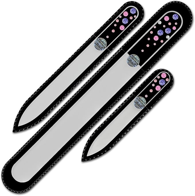 Mont Bleu Set of 3 Glass Nail Files Hand Decorated with Crystals - Handmade - Czech Tempered Glass