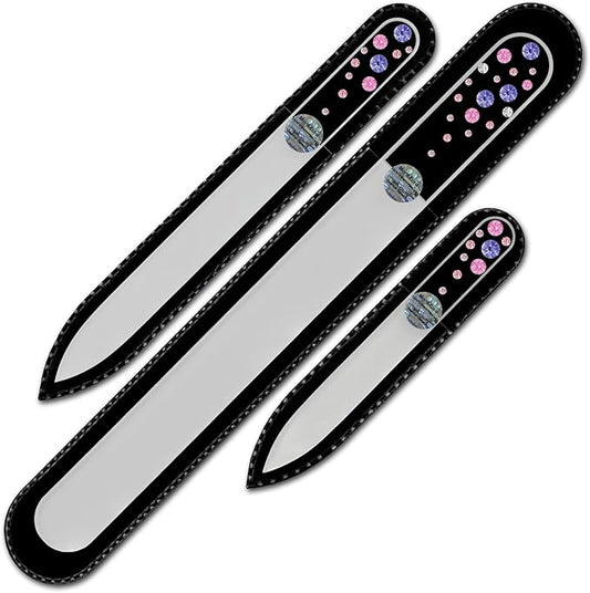Mont Bleu Set of 3 Glass Nail Files Hand Decorated with Crystals - Handmade - Czech Tempered Glass
