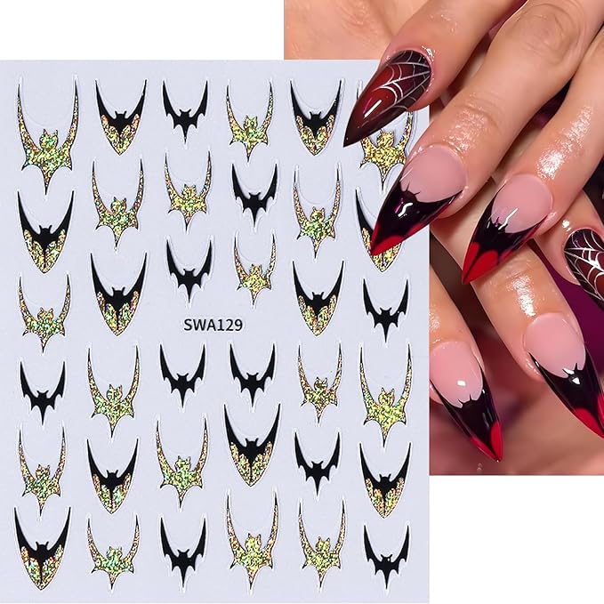 Halloween Nail Art Stickers, Glitter Dark Bat Nail Decals 3D Self-Adhesive with Sparkle Gold Sparkle Silver Bat Design 4PCS Halloween Nail Art Supplies for Women