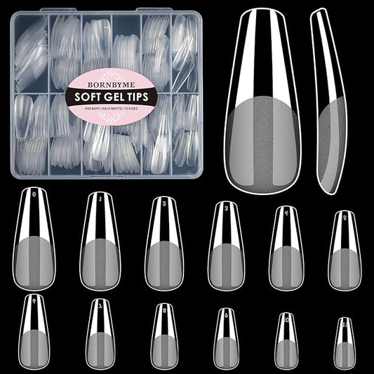 Medium Coffin Soft Gel Nail Tips, BORNBYME 216 PCS Pre Buff Full Cover Shaped Nail Extenison Tips Half Matte Gel X Nail Tips