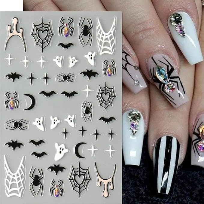 6 Sheets Halloween Nail Art Stickers Spider Nail Decals 3D Self-Adhesive Glitter Crystal Diamond Spider Nail Art Design Sticker Spider Bat Spider Web Ghost Nail Charms for Holiday DIY Nail Art