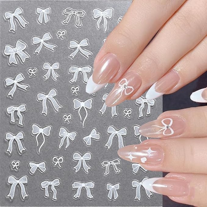 5D Embossed Bow Nails Stickers for Nail Art Self-Adhesive Bow Nail Art Stickers White Silver Pink Bow Ribbon Design Cute Nails Decals for Women Girls Acrylic Manicure Decorations DIY Supplies 3Sheets