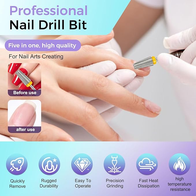 Fantexy 5 in 1 Nail Drill Bits,Professional 3/32" Shank Tungsten Steel Bits for Acrylic Nails,Manicure,Nail Art,Drill Machine,Both Left and Right Handed - Two Way Rotate Use (Extra Fine - XF)