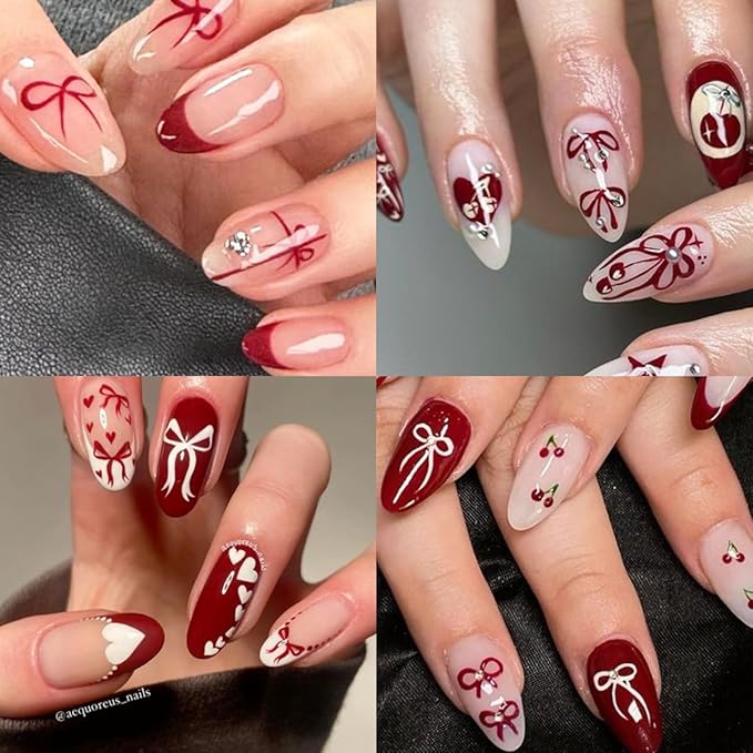 6 Sheets Rhinestones Bow Nail Stickers for 3D Self-Adhesive Flower Nail Art Decals With Glitter Design Red Black Acrylic Nail Art Supplies for Women DIY Manicure