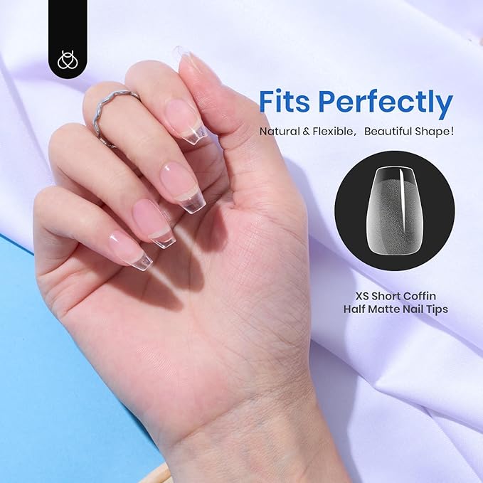 Beetles Gel Nail Kit Etch X Nail Tips 504Pcs Pre Filed Half Matte XS Short Coffin Gel Nail Tips Full Cover False Fake Clear Acrylic Press on Nails