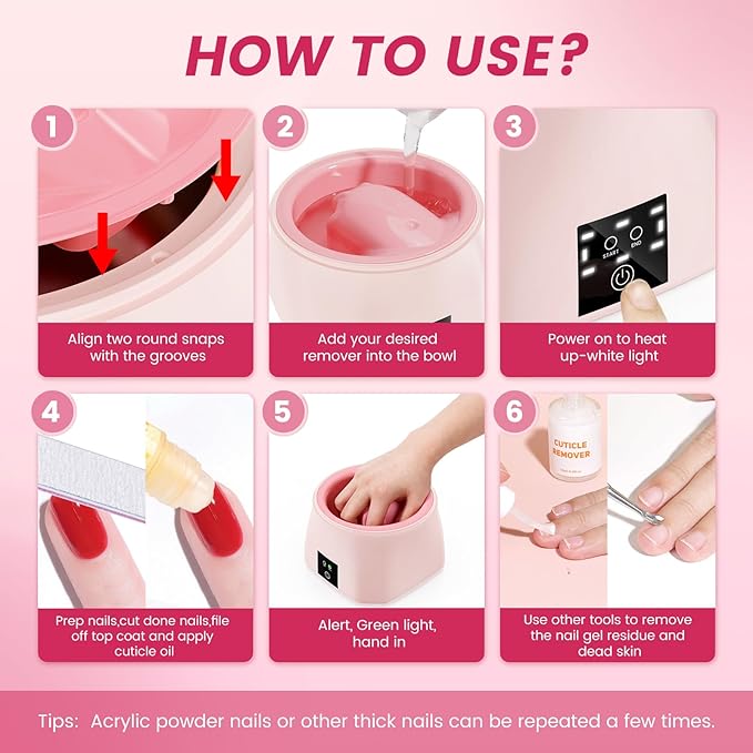 Quaferen Nail Soaking Bowl Heated: 50% Faster Soak Off Gel Polish Dip Powder Remover Bowl- Electric Soak Off Acrylic Nail Remover Manicure Bowls for Salon Home