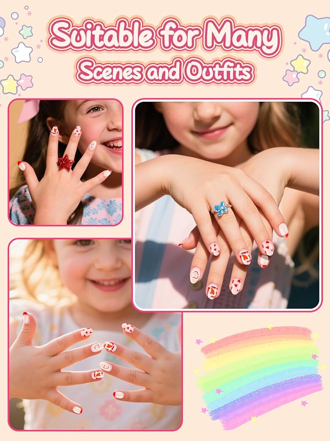 26 Pcs Press on Nails for Girls, EBANKU Fake Nails for Kids 5-12 Years Red Heart False Nails with Nail Glue, Short Full Cover Press on French Nails Tip for Child