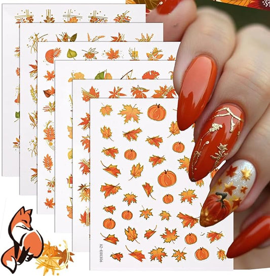 Autumn Nail Art Stickers Pumpkin Nail Stickers for Nail Maple Leaf Nail Decals Fall Leaves Wheat Foxes Design Gold Thanksgiving Nais Sticker for Decor Holiday Manicure Supplies for Women 6 Sheets