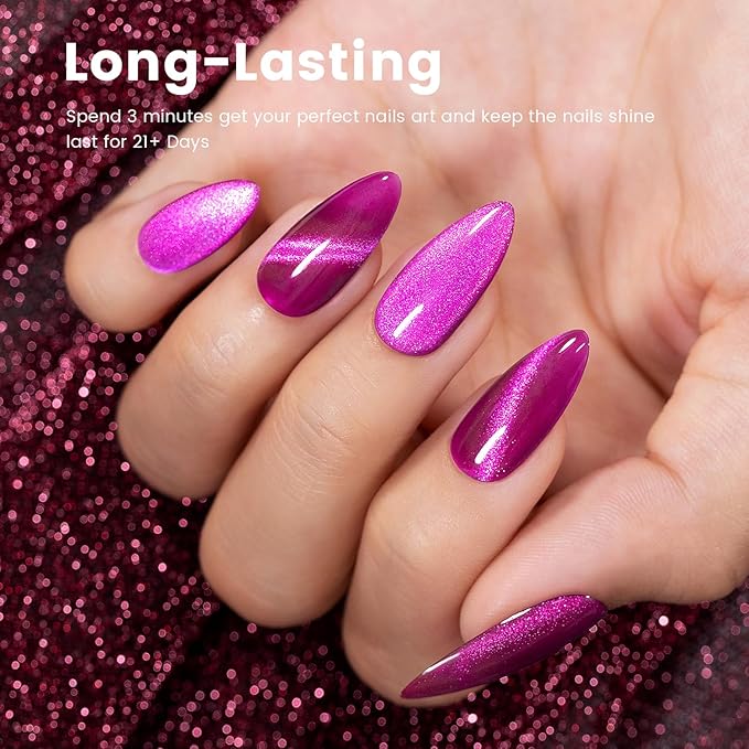 RARJSM Cat Eye Gel Polish Fuchsia Purple Pink 15ml 9D Cateye Silver Glitter Galaxy Universal Velvet Effect Ice Gel Nail Polish with Magnetic Stick UV LED Curing Require Soak Off DIY Home Salon