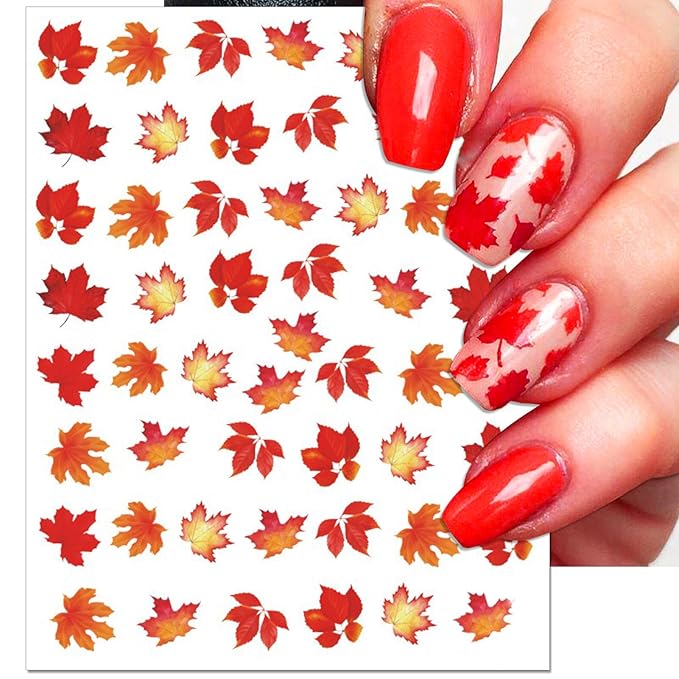 Fall Nail Art Stickers, Thanksgiving Day Laser Glitter Nail Decals, 3D Self-Adhesive Maple Ginkgo for DIY Nail Supplies Decoration(6 Sheets)