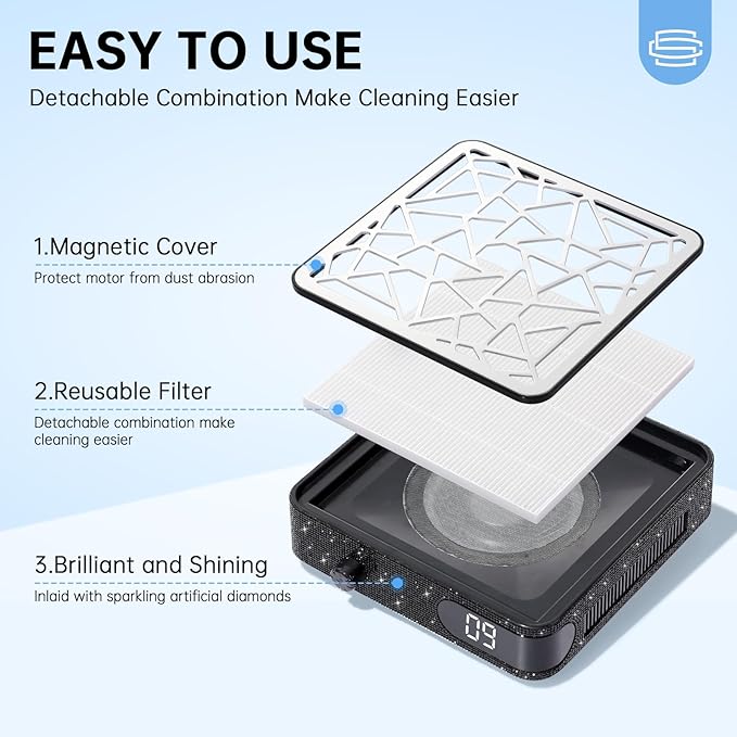 Nail Dust Collector, Cordless Dust Collector Nail Tech, Powerful Vacuum Fan Vent Dust Collector Extractor Dust Suction Machine for Acrylic Nails Polishing, Nail Salon, Black Diamond