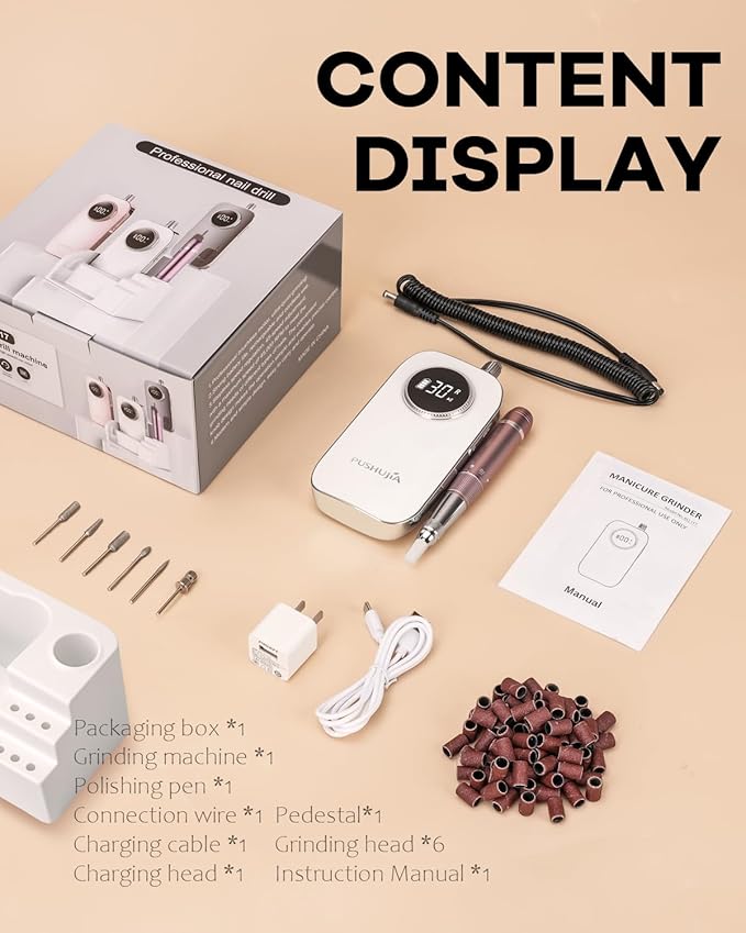 45000 RPM Nail Drill - Brushless Cordless Efile LCD Display & Heat Reduction Tech for Acrylic Gel Nails (White)