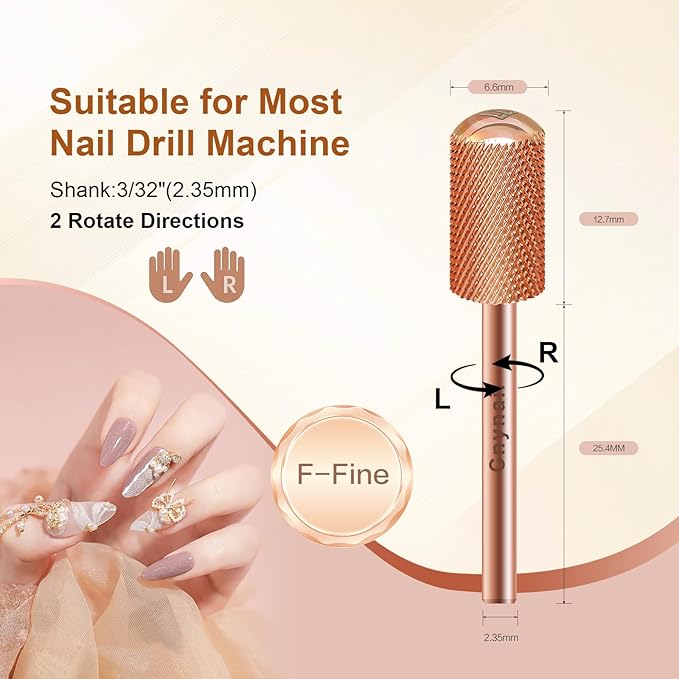 3/32" Large Barrel Smooth Round Top Tungsten Carbide Nail Drill Bit Safety Bit for Gel & Acrylic Removal, 2-Way Rotating Efile Tip, Salon Electric File Accessory (F Grit, Rose Gold)