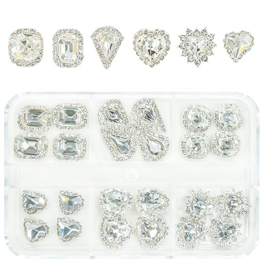 24Pcs 3D Alloy Silver Clear Nail Art Rhinestones Luxury Charms for Nails- 3D Alloy Heart Nail Charms, Elegant Silver Nail Crystal Diamonds Stones Studs for Acrylic Nails DIY Crafts Jewelry