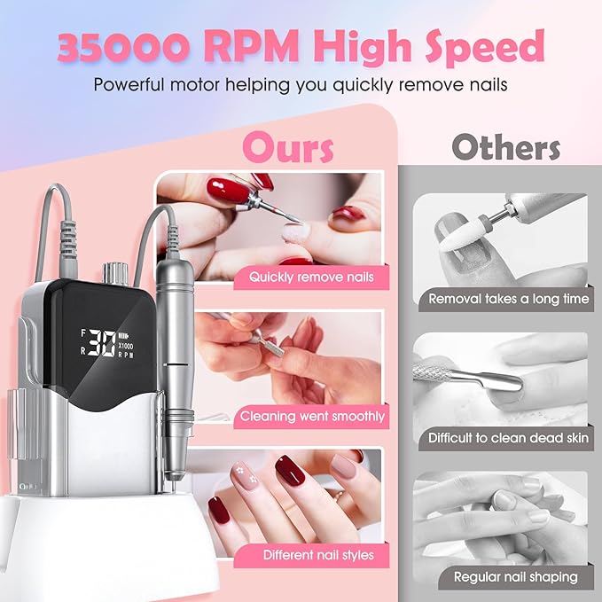 CIVPOWER Nail Drill, Portable Rechargeable Tool Kit with 35000RPM Electric Nail File and LED Display for Manicure, Pedicure, Salon, Home, DIY (White)