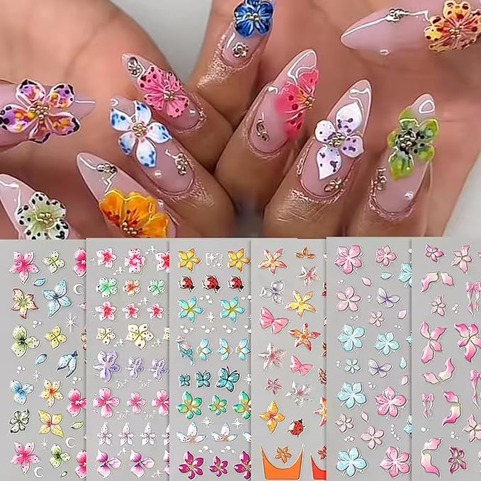 Flowers Nail Art Sticker- 5D Embossed Lily Flower Nail Decals Spring Colored Orchid Floral Petals Nail Design Hibiscus Flower Adhesive Gel Slider Nail Charms Summer Decor DIY Manicure Accessories 6PCS