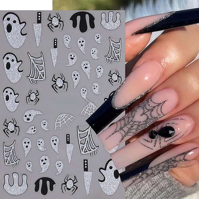 6 Sheets Halloween Nail Art Stickers Gold Glitter Pumpkin Nail Decals 3D Self Adhesive Ghost Spider Web Skull Bats Nail Design Nail Stickers Manicure Accessories for Women DIY Manicure Decoration