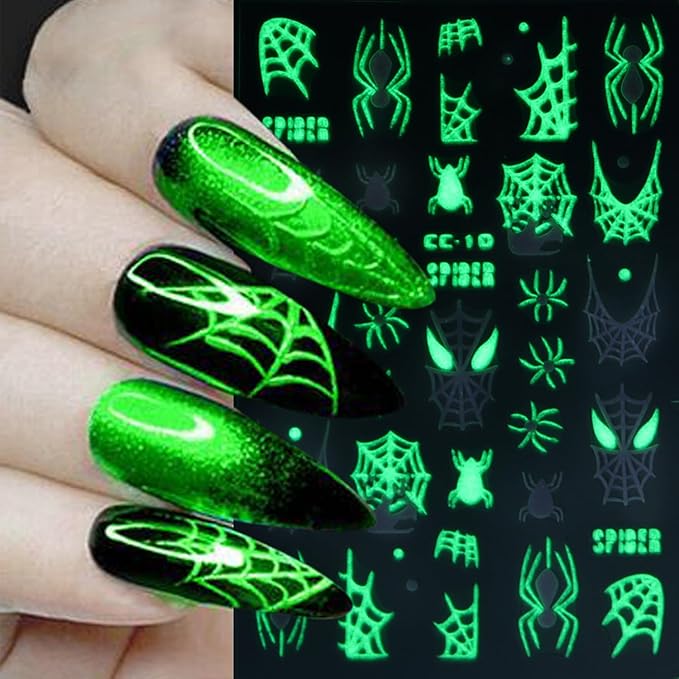 5 Sheets Halloween Nails Stickers French Tip Spider Web Nails Art Stickers 3D Self-Adhesive Supplies Nail Decal with Luminous Ghost Skeleton Design Nail Sticker for Nail Art Women's DIY Decoration