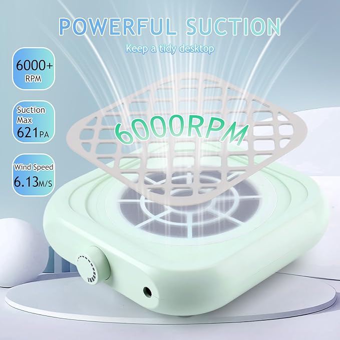 Mini Nail Dust Collector, Compact Nail Vacuum Fan Dust Collector for Beginner with 30PCS Filter Pads, Powerful Dust Suction Machine for Acrylic Nail Polishing Salon Home, Plug-in (Green)