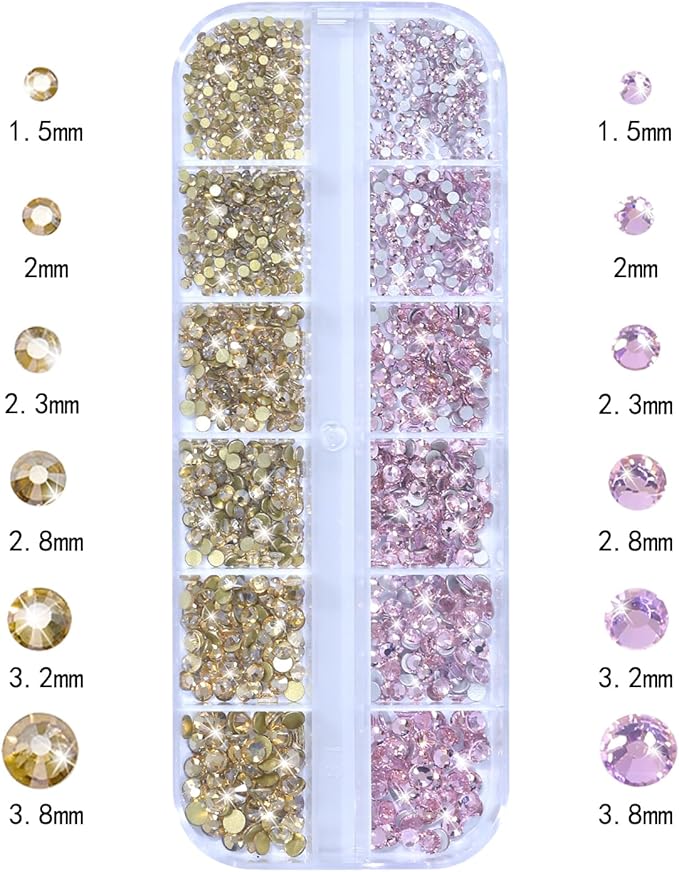 HNUIX Nail Rhinestones for Nails - 3D Multi Shapes, Flat Back, Small Nail Gems, Champagne Gold & Light Pink Nail Diamonds, with Kit, for Nail Art, DIY Decor