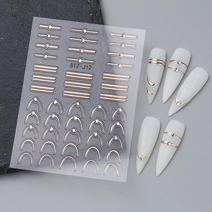 4 Sheets French Stripe Line Nail Stickers with Gold Silver Shiny Crystal Rhinestones,Metallic Stripe Lines Adhesive Design Nail Supplies French Sticker for Women Girls Luxury Manicure Decorations