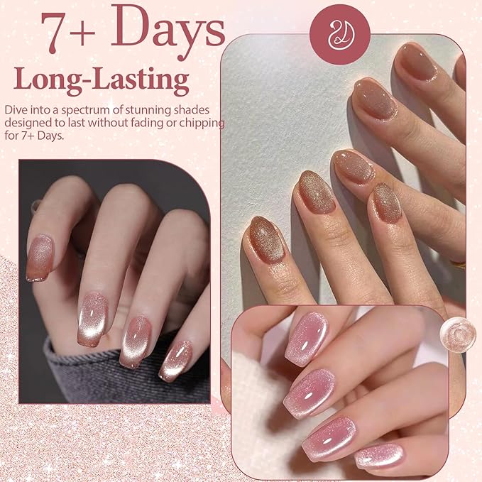 AZUREBEAUTY Cat Eye Nail Polish Set, 4 Colors Magnetic Nude Jelly Glitter Quick Air Dry Non Gel Natural Fingernail Lacquer Strengthening Treatment Kit with Top Coat DIY Salon at Home