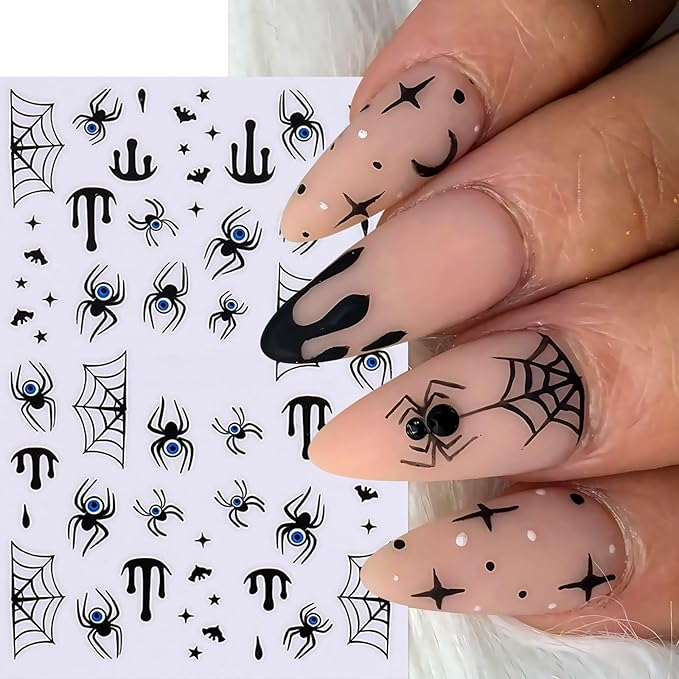 6 Sheets Halloween Nail Stickers 3D Self-Adhesive Scary Eyes Spider Ghost Nail Art Stickers Holiday Nail Decals Bloody Spiderweb Black Ghost Bats Nail Supplies for Women DIY Holiday Nail Decoration