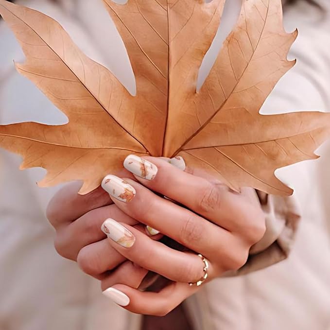 Semi Cured Gel Nail Strips, Cat's Eye Maple Leaf | 28 pcs Autumn Fall Gel Nail Stickers Work with Any UV Lamp, Salon Quality NailWraps for Autumn, Include Prep Pads, File&Wood Stick