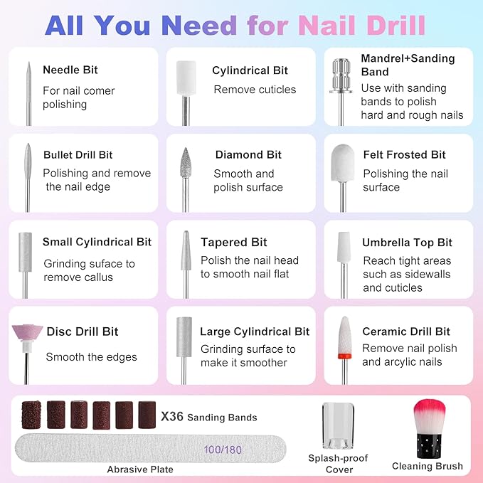 Cordless Electric Nail Drill with UV Light Lamp, 14 in 1 Electric Nail File Drill, 5 Speed LCD Display Rechargeable Professional Manicure Pedicure Kit(Gold) (Pink Blue)
