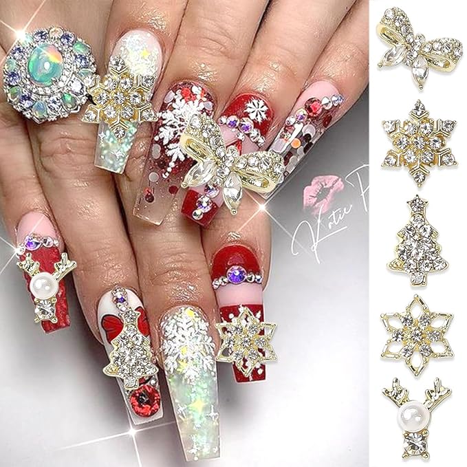18Pcs Christmas Nail Art Charms Metallic Silver Nail Charms Shiny Snowflake Heart Christmas hat Trees Nail Rhinestones Bling Cute Crystal Nail Gems Winter Glitter Snowflake Nail Supplies for Women DIY