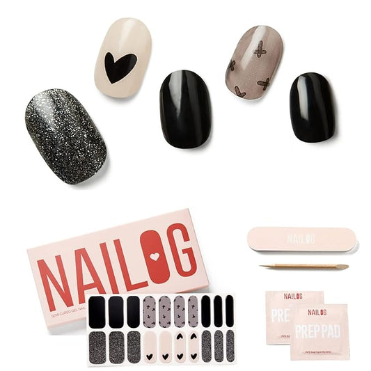 NAILOG Semi Cured Nail Strips for Halloween, 20 Extra Long Gel Nail Strips │ Glossy & Long Lasting Nail Polish Stickers, Nail Wraps with Soft Gel Finishing │Black Little Heart