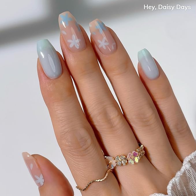 Heyhae Semi Cured Gel Nail Strips | No LED Lamp Needed | Spring, Marble, Pink | Easy Apply & Remove, Salon Quality | Includes 28 Strips, 1 Prep Pads, Nail File & Wooden stick - Hey, Daisy Days