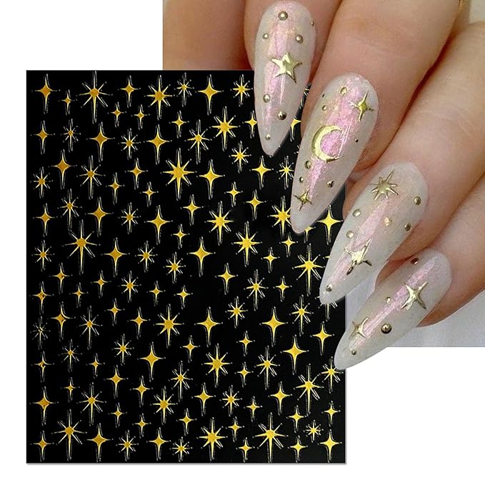 Star Nail Art Stickers - Colorful Shiny Starlight Self-Adhesive Glitter Sparkle Nail Decals for DIY Silver Gold White Black Manicure (6 Sheets)