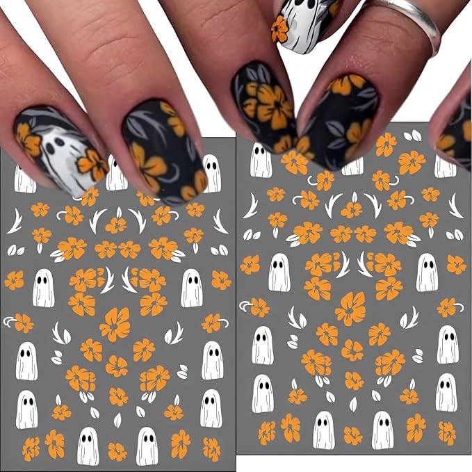 12 Sheets Halloween Nail Stickers for Nail Art 3D Self Adhesive Mummy & Cute Ghost Nail Decals Halloween Nail Stickers with Spider Pumpkin Spider Web Nails Design Flower Nails Supplies for Women Girls