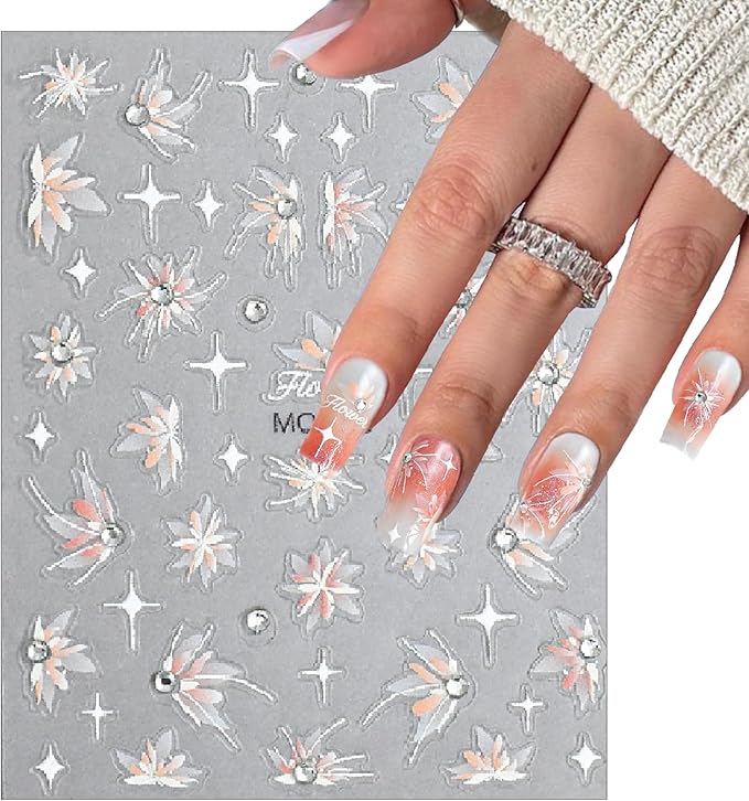5D Embossed Snow Mowing Nail Art Stickers White Semitransparent Self Adhesive Diamond Flower Nails Stickers Spring Flower Nails Decals Floral Nails Supplies for Women Nail Art Decorations 3PCS
